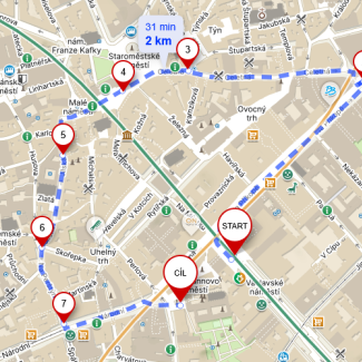 Na Příkopě - Celetná - Staroměstské náměstí - Malé náměstí - Jilská - Na Perštýně - Národní - Jungmannovo náměstí.
